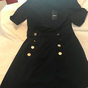 Brand New! Navy DKNY knit dress with gold buttons